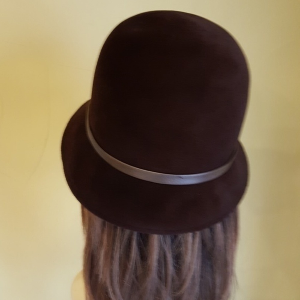 VINTAGE CHOCOLATE BROWN GENUINE VELOUR LEATHER TRIM HAT - Picture 4 of 6